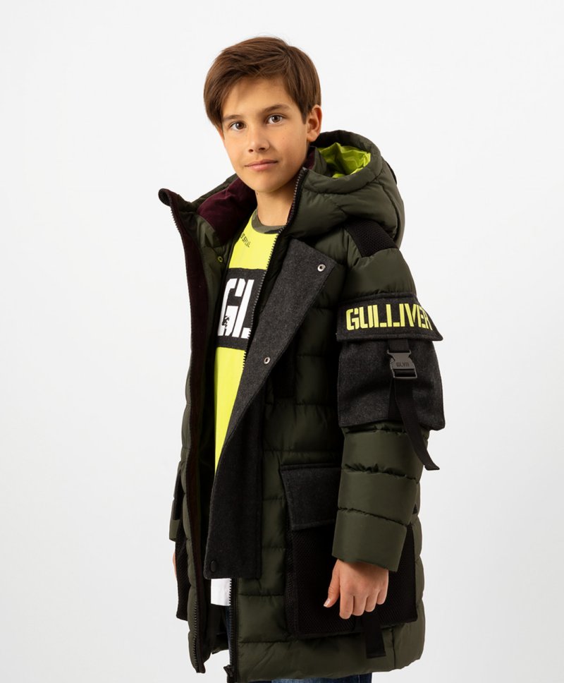 Gulliver Пальто демисезонное с капюшоном цвета хаки Gulliver